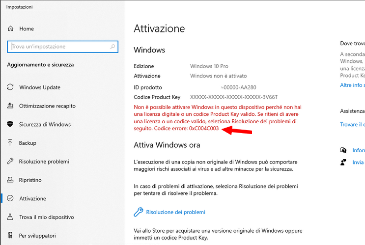 Errore di attivazione 0xC004C003