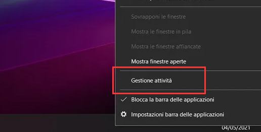 Gestore attività del menu della barra delle applicazioni