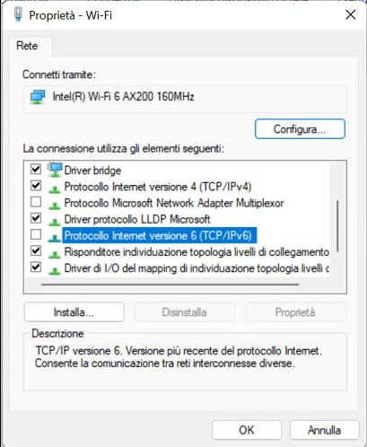 Disabilita il protocollo Internet versione 6 (TCP/IPv6)