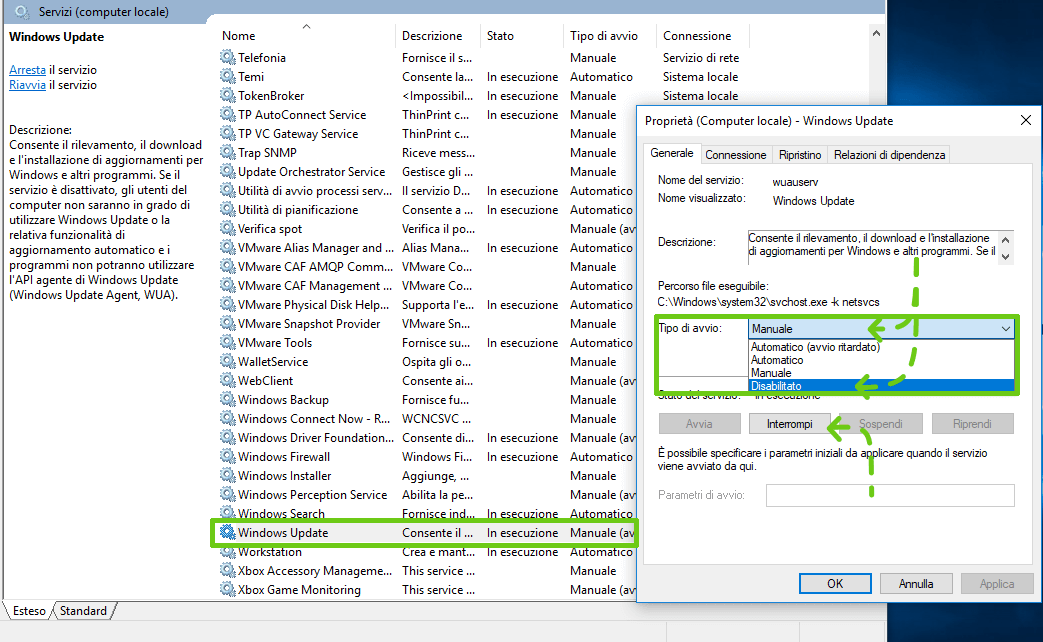 disabilitare il servizio di aggiornamento di Windows