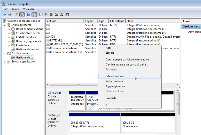 Estendi le opzioni del volume Gestore delle partizioni di Windows