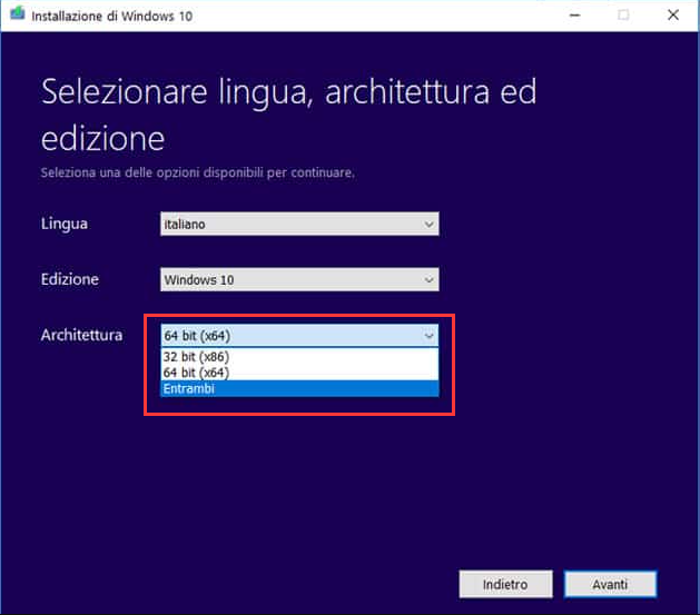 Seleziona la versione della lingua, Windows 10