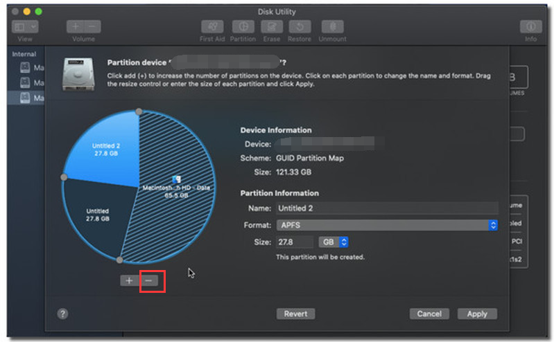 Funzionalità di partizionamento dell'utilità disco, Mac, eliminare la partizione