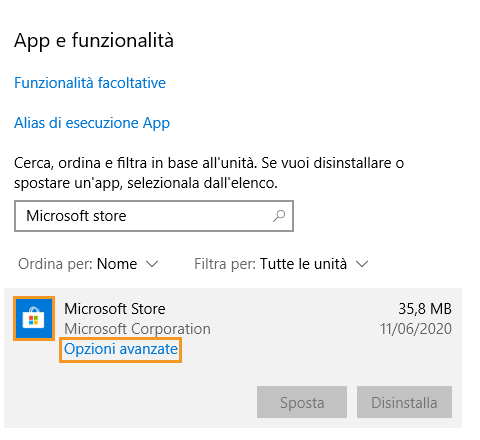 l'app e le funzionalità selezionano le opzioni avanzate di Microsoft Store