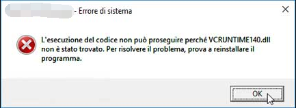 Questo programma non può essere avviato perché VCRUNTIME140.dll non è presente nel computer.