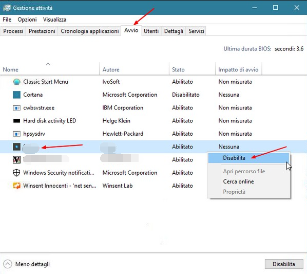 msconfig disabilita l'avvio