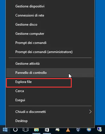 fare clic con il tasto destro sul pulsante Start, selezionare Esplora file