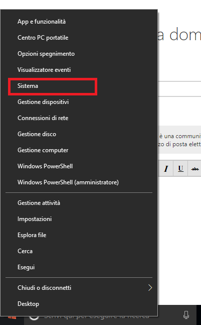 fare clic con il tasto destro sul menu di avvio, sistema