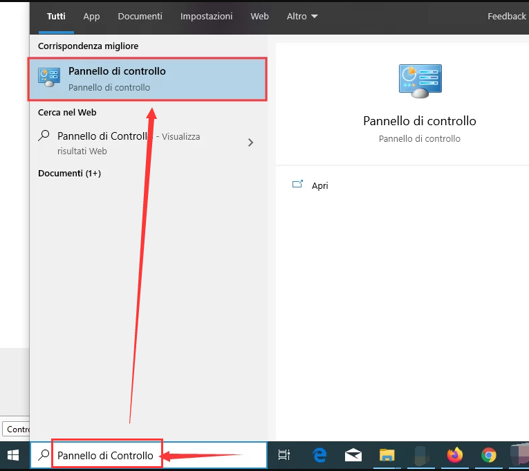 pannello di controllo nella ricerca di Windows