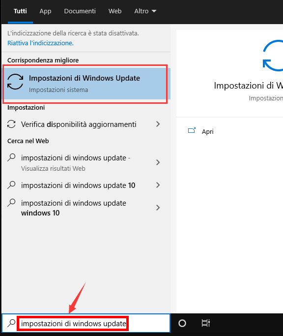 trovare Windows Update nella barra di ricerca