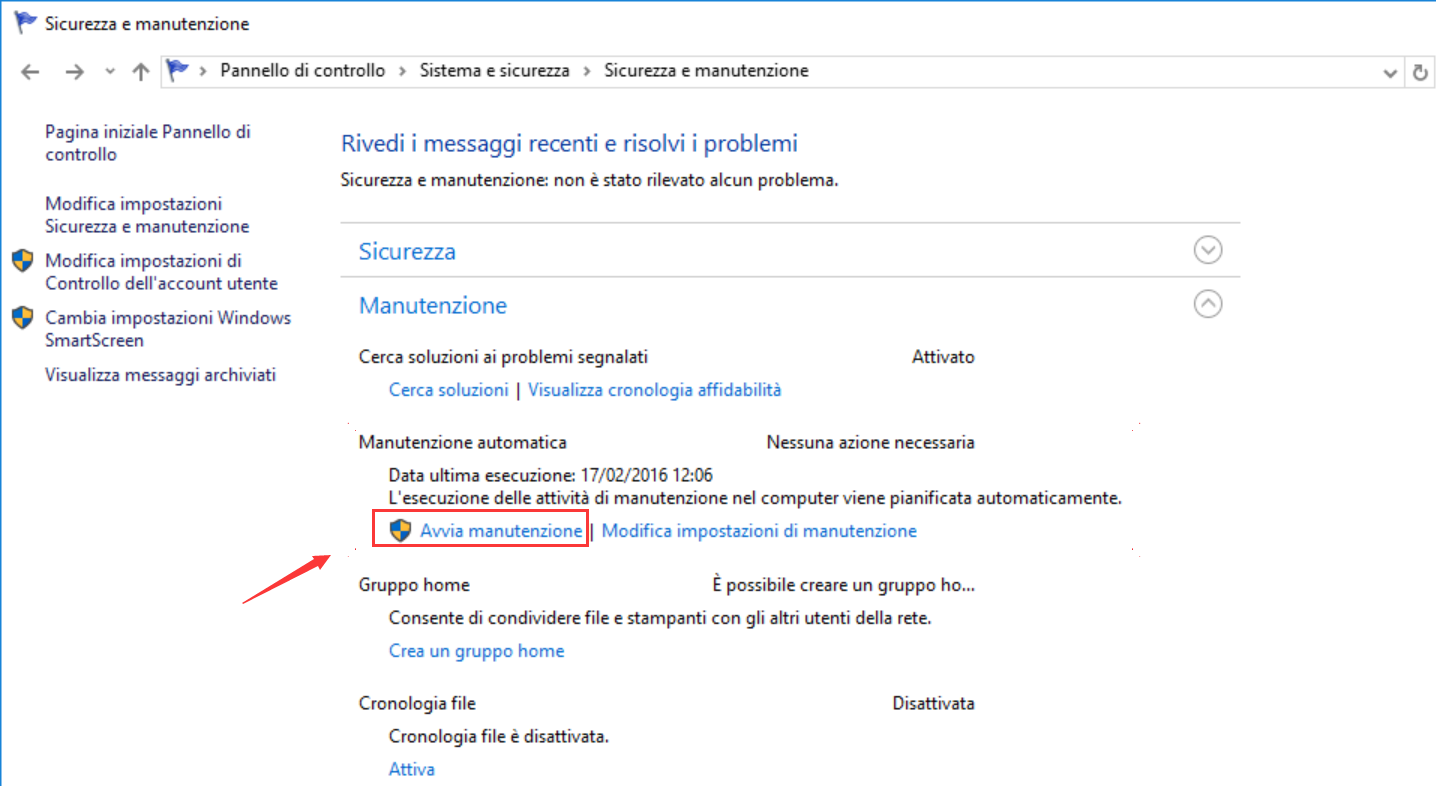 Sicurezza e manutenzione Windows