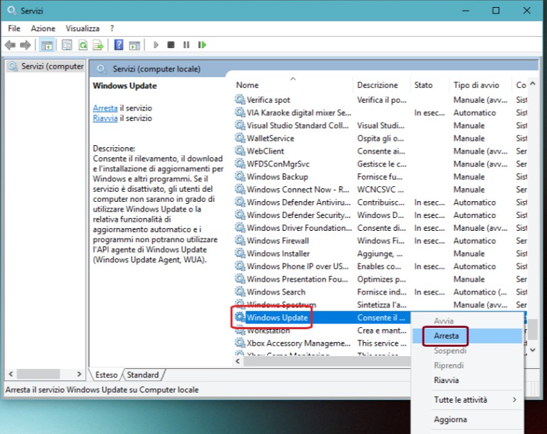 arresta il servizio Windows Update
