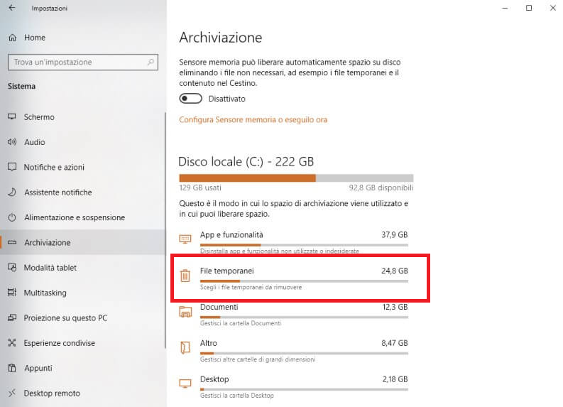 Windows 10, archiviare file temporanei, contenitore