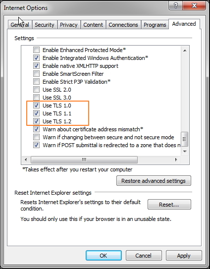 trovare le opzioni Internet in Ricerca TLS 1.2 SSL