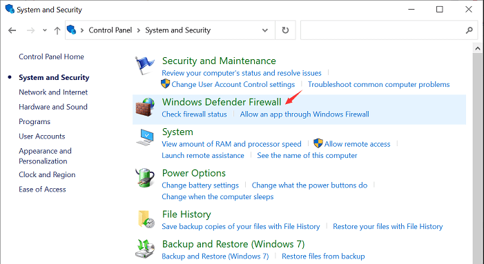 Pannello di controllo di Windows Defender Firewall