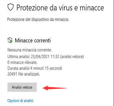 Centro sicurezza PC Windows, Scansione veloce