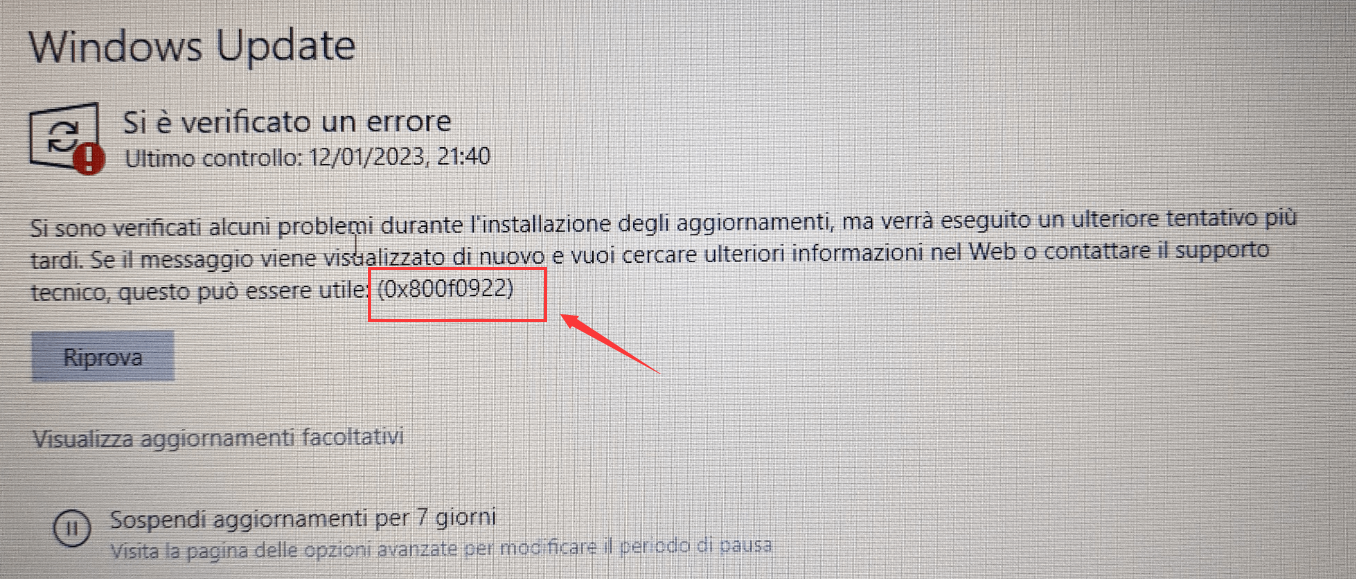 Aggiorna il codice di errore 0x800F0922