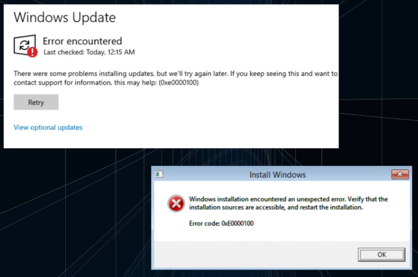 L'installazione di Windows ha rilevato l'errore 0xE0000100