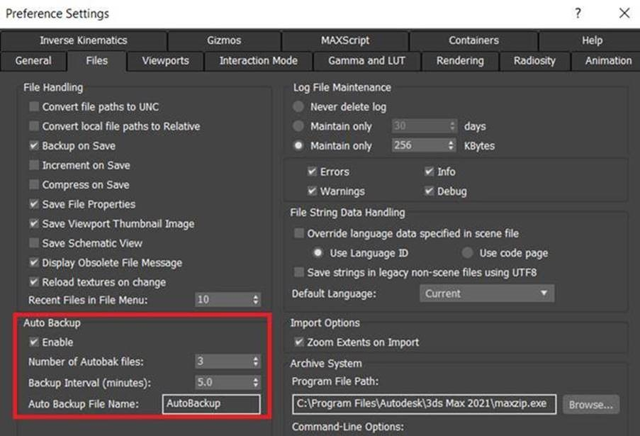 3ds max Imposta l'intervallo di backup