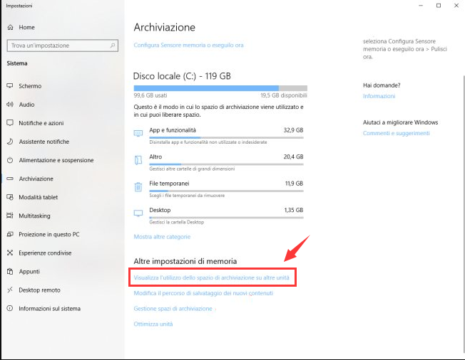 Visualizza l'utilizzo dello spazio di archiviazione su altre unita