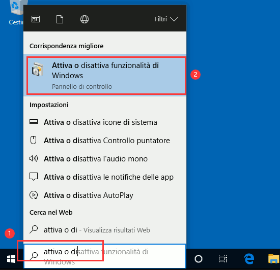 Cerca funzionalità di Windows 10