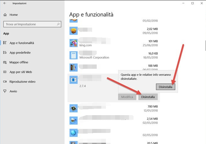 programma di disinstallazione di applicazioni e funzionalità