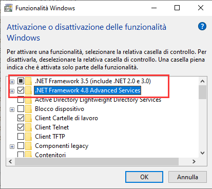 nell'interfaccia aperta, selezionare tutte le opzioni che includono .NET Framework e fare clic su (OK) per abilitare .NET Framework