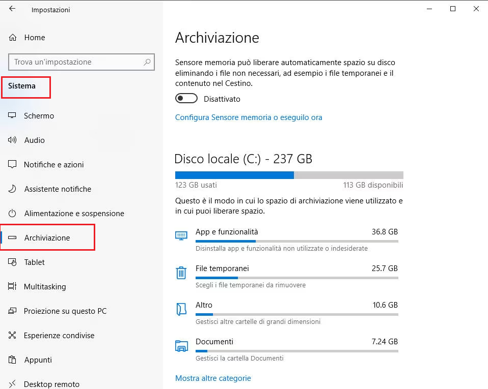 Apri Impostazioni di archiviazione di sistema di Windows