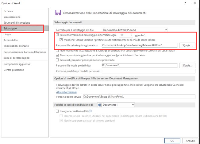 word , ripristina automaticamente la posizione del file