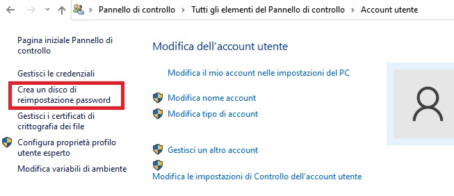 L'account Windows 10 crea il disco di reimpostazione della password