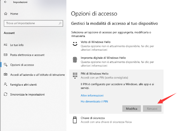 PIN di Windows Hello Rimuovi