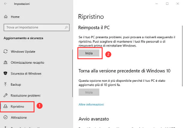 in Reimposta questo PC, seleziona Iniziare .