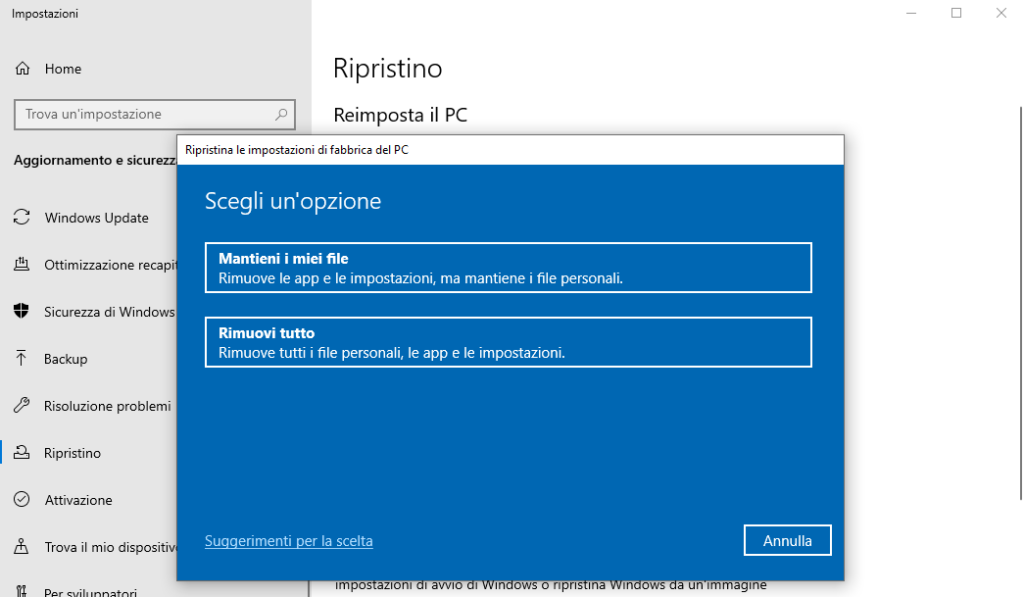 ripristinare questo pc scegliere un'opzione