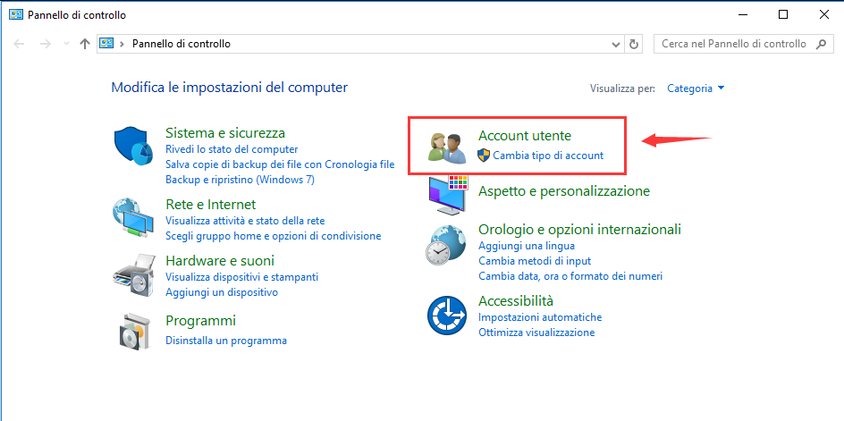 Pannello di controllo di Windows 7, seleziona account