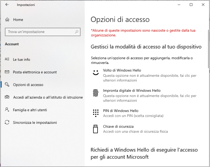 opzioni di account e di accesso