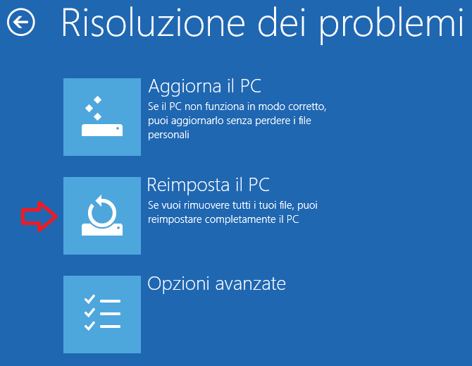 Risoluzione dei problemi Windows reimposta il PC