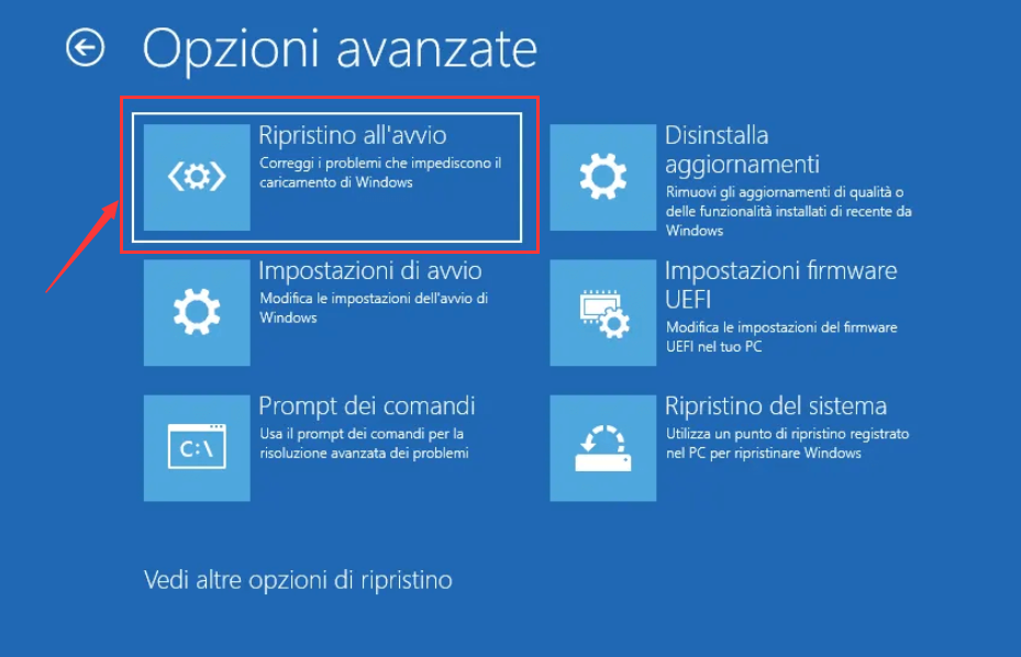 Opzioni avanzate dell'ambiente di ripristino di Windows, selezionare la riparazione dell'avvio.