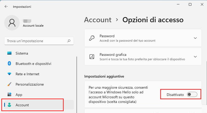 nella sezione Richiedi l'accesso a Windows Hello per gli account Microsoft , disattiva l'opzione Consenti solo l'accesso a Windows Hello .