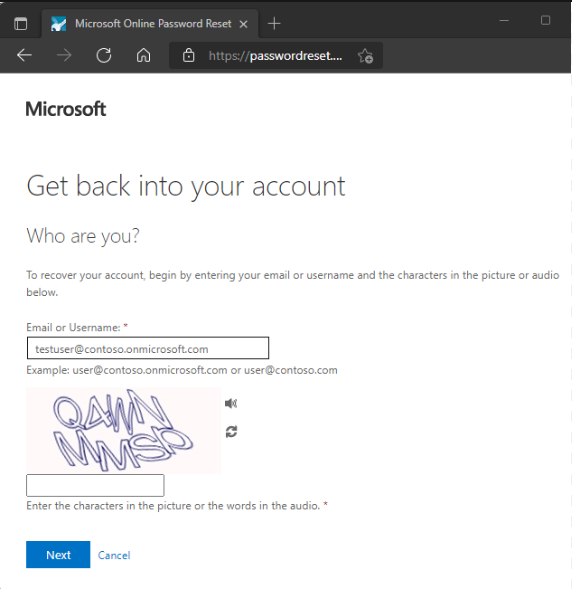 pagina di reimpostazione della password dell'account Microsoft