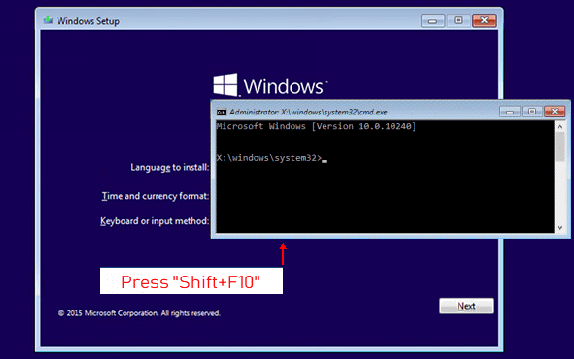 Premere shift + F10 per aprire la finestra del Prompt dei comandi nel disco di installazione di Windows.