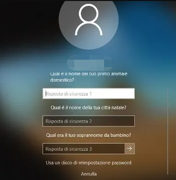 Domande sull'accesso a Windows 10 per il recupero della password