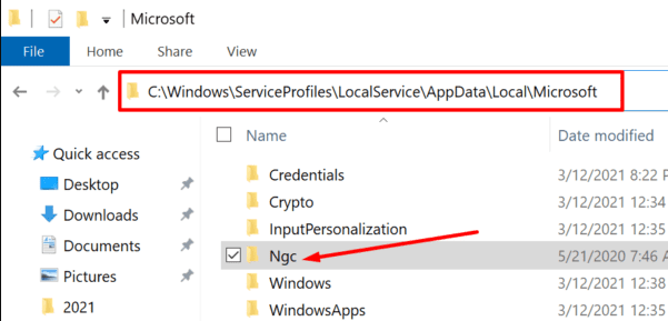 Cartella NGC in Windows