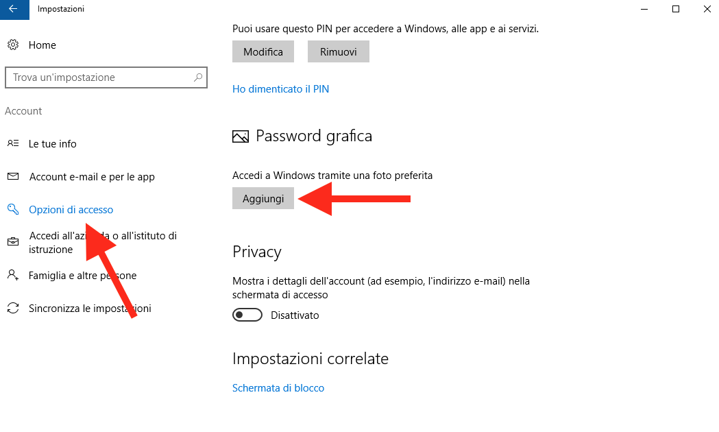 Password grafica di Windows, opzioni di accesso