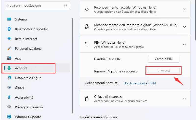 Il pulsante Rimuovi PIN password è disabilitato