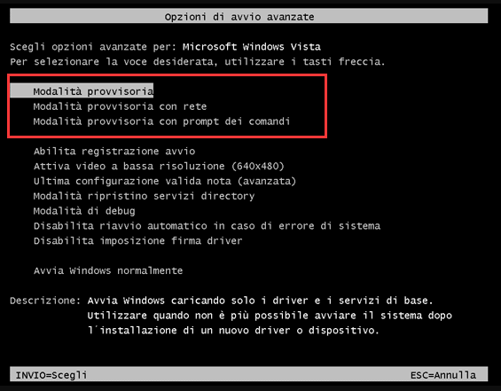 Modalità provvisoria di Windows Vista