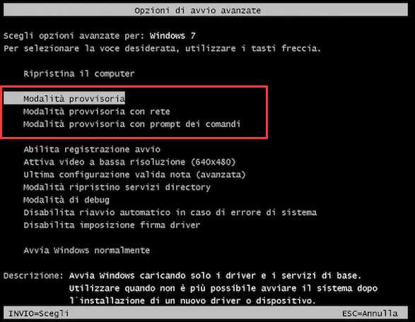 Modalità provvisoria con il prompt dei comandi di Windows 7