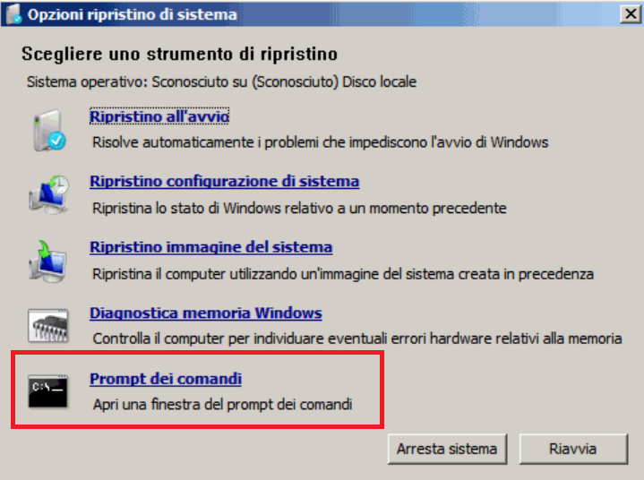 windows 7 Ripara il tuo computer, prompt dei comandi