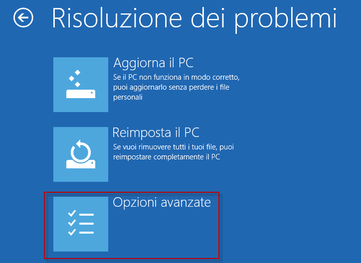 opzioni avanzate windows 10