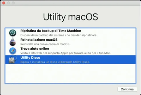 MacOS aprire Utility Disco