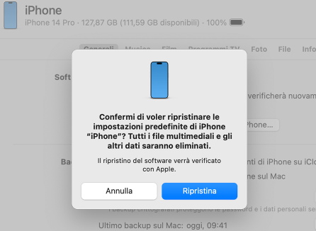 ripristinare l'iPhone su iTunes